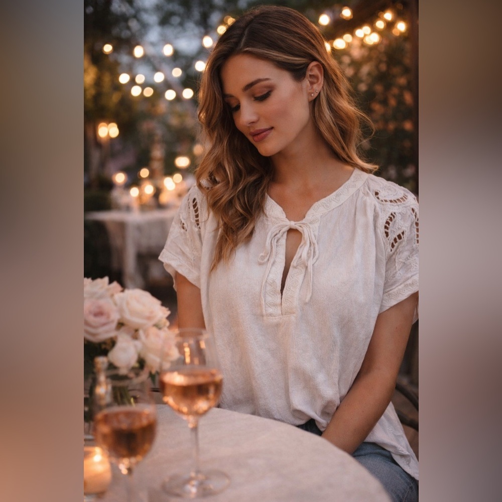 ASTR The Label Cream Embroidered Boho Lace Tie Neck Blouse Size Small High Low